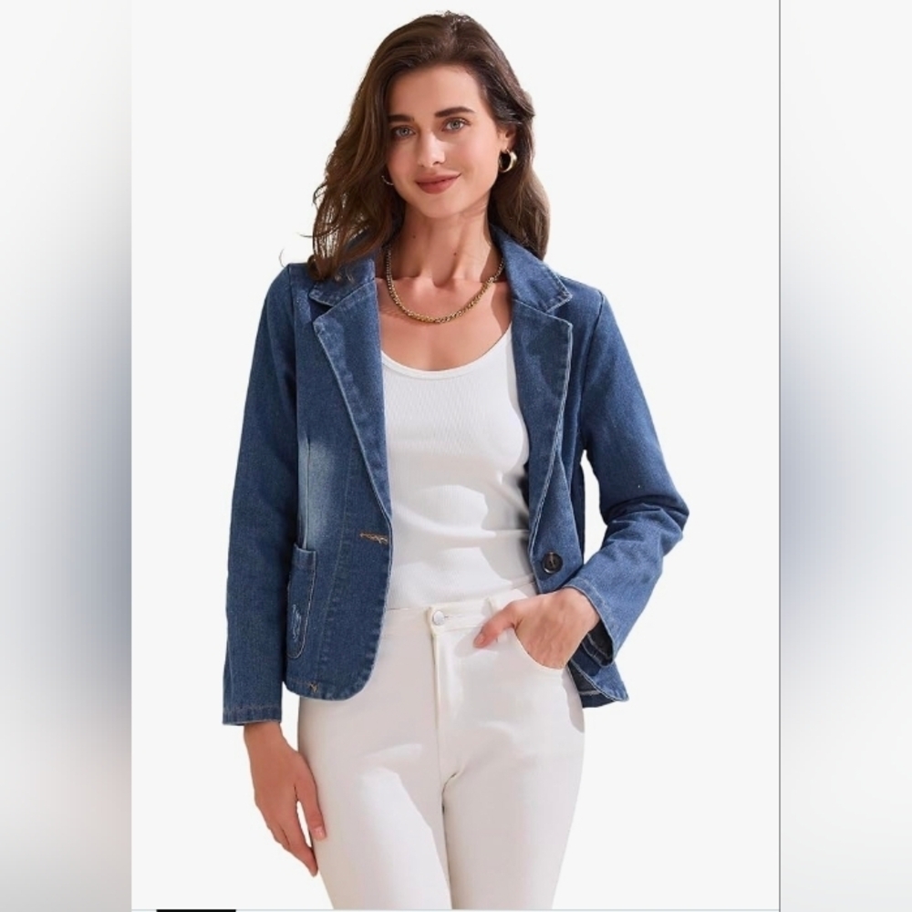 Allegra K Women's Loose Denim Jackets Washed Jean Notched Lapel Outwear